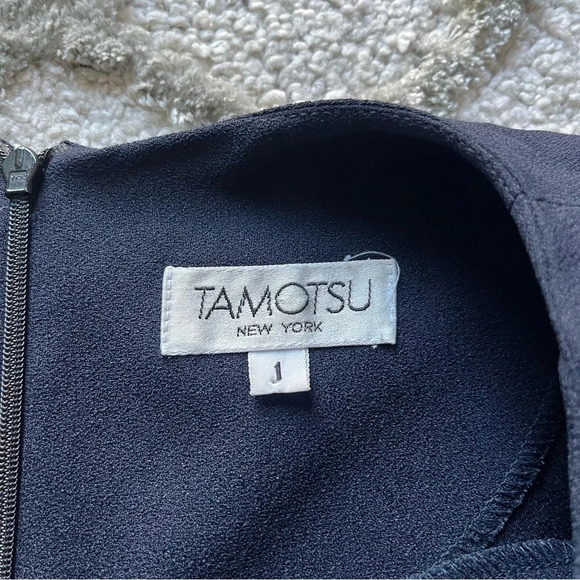 Vintage Tamotsu navy blue classy simple chic midi sheath dress pleated 1X - Picture 3 of 10